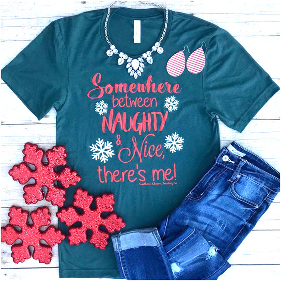 southern trading co Tops - Southern Trading Co "Somewhere between naughty and nice there's me" T-shirt L